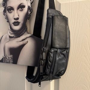 New Black Leather Genuine Leather waist /belt/ chest  bag